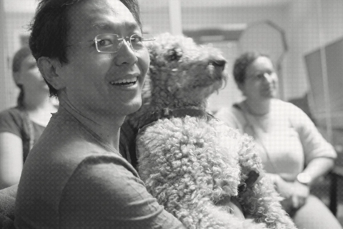 Chan-jo Jun in conversation, the firm's dog on the sofa